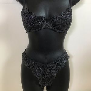 metallic foiled and black lace bra/ panty set